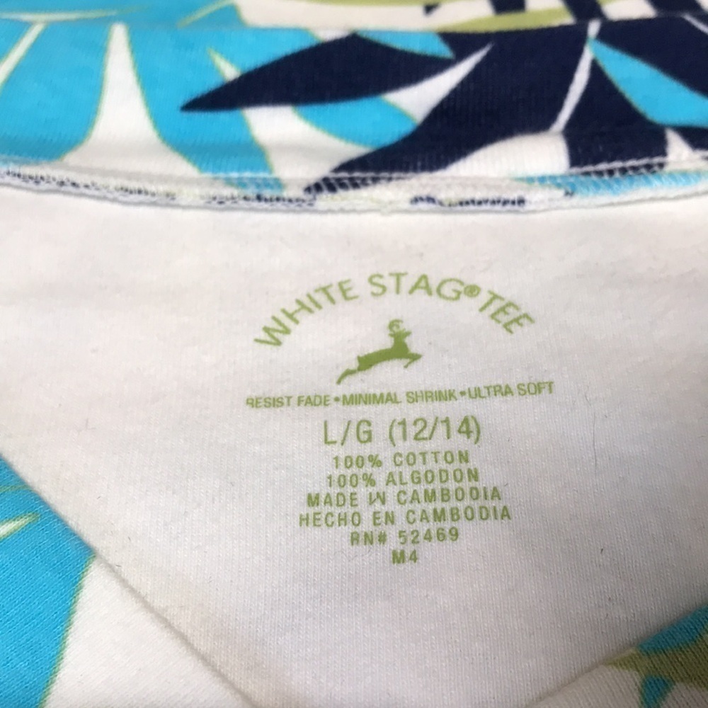 WHITE STAG Navy Blue/Turquoise/Green Leafy Print/White Sleeveless V-Neck—L 12/14 - Picture 3 of 8